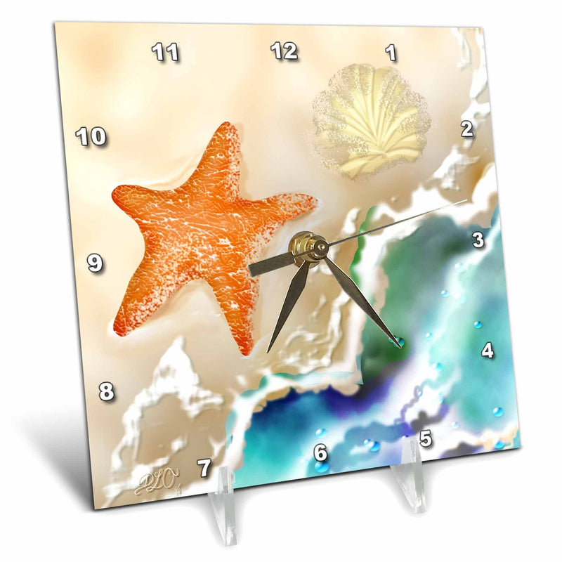 3D Rose Starfish and Seashell in The Sand Near The Ocean Digital Art Desk Clock, 6" x 6"