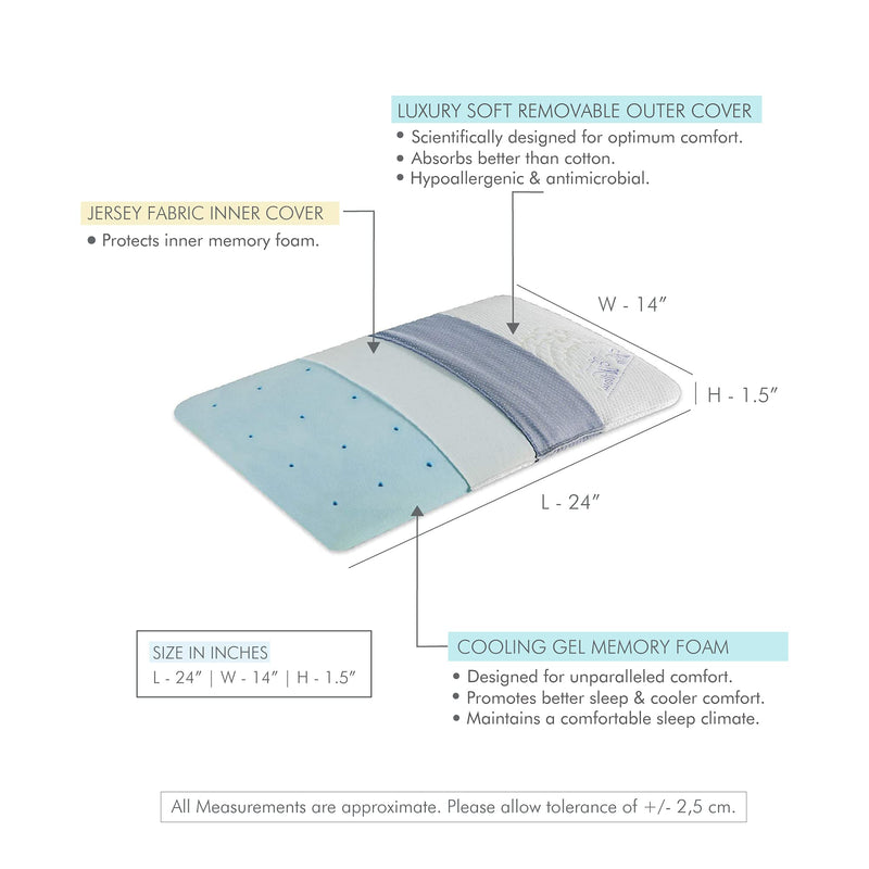 The White Willow Orthopedic Memory Foam Cooling Gel Ultra Slim Flat Bed Pillow for Back, Stomach and Side Sleeper, Back, Neck Pain Relief with Removable Cover (24 "L x 14" W x 1.5" H) Multi