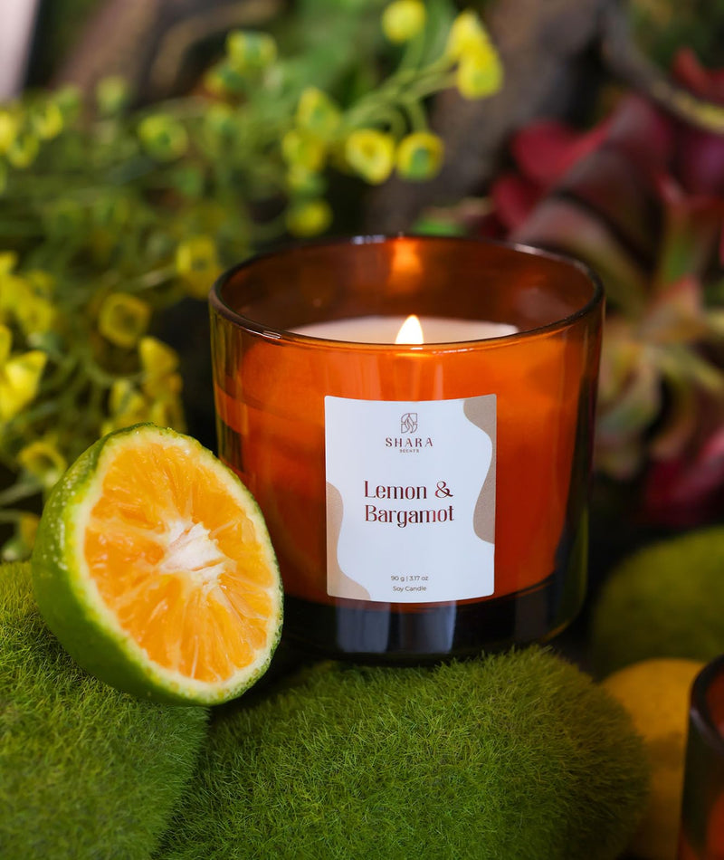 SHARA SCENTS | Long Lasting Scented Candles | Soy Wax Aromatherapy Candles | Vegan & Non-Toxic (Lemon and Bergamot, 90g)