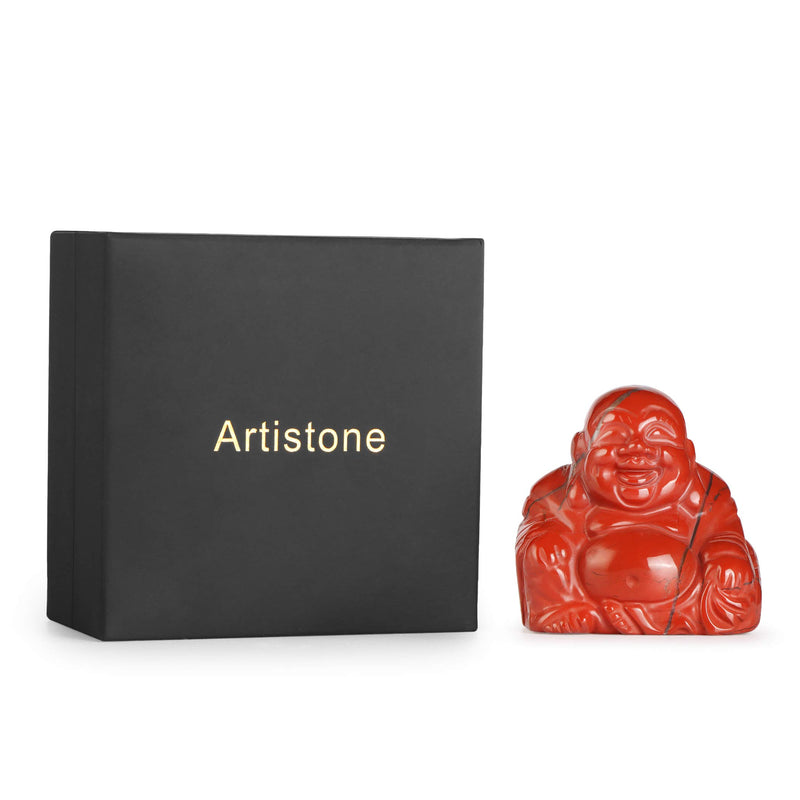 Artistone 2" Red Jasper Crystal Laughing Buddha, Healing Red Jasper Crystal Hand Carved Gemstone Crystal Buddha Statue Collection with Gift Box