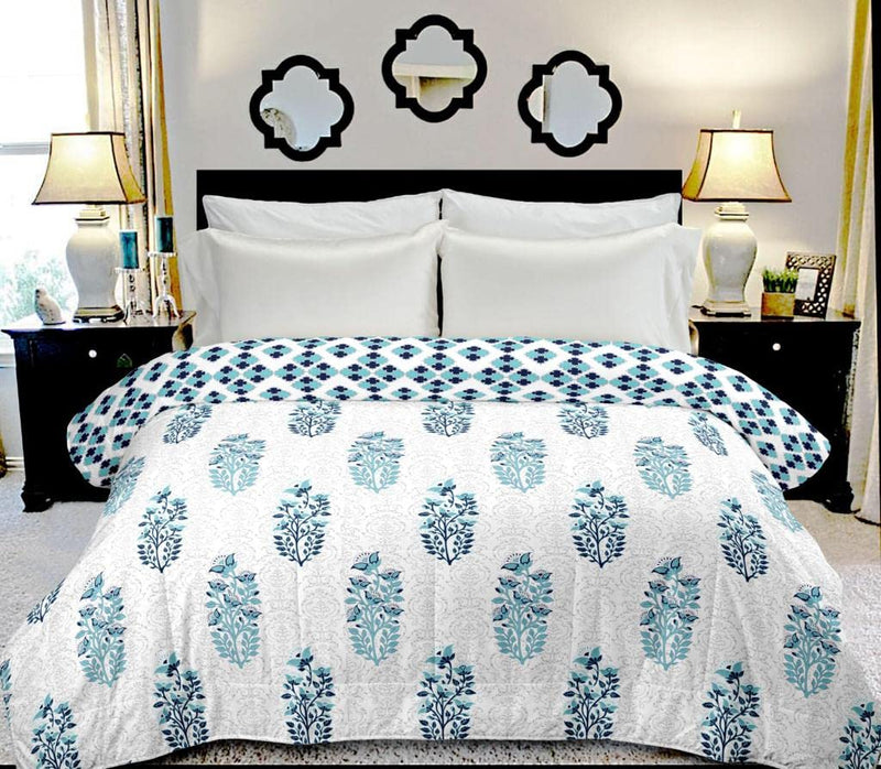 VOMI Dohar 100% Cotton Dubble Bed| Soft | Light Weight | Reversible Two Side use Lightweight Printed Double Bed AC Dohar Blanket Quilt (Sky Blue Prints)