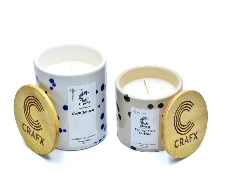 CRAFX Scented Candle with Natural Soy Wax Eco-Friendly Ceramic Jar with Wooden Lid Scented Candles for Home, Scented Candle Set - 2 (Oudh Jasmine 142gm(5oz) | Coconut Lime Verbena 95gm(3.5oz))