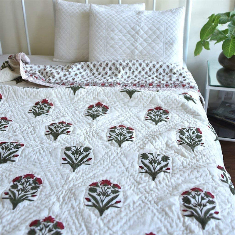 SIBLEY 400 T C Cotton Hand Block Floral Print Organic Cotton Shell All Season Use Blanket Jaipuri Razai/Rajai - Off White (Size - 90X108 Inches)