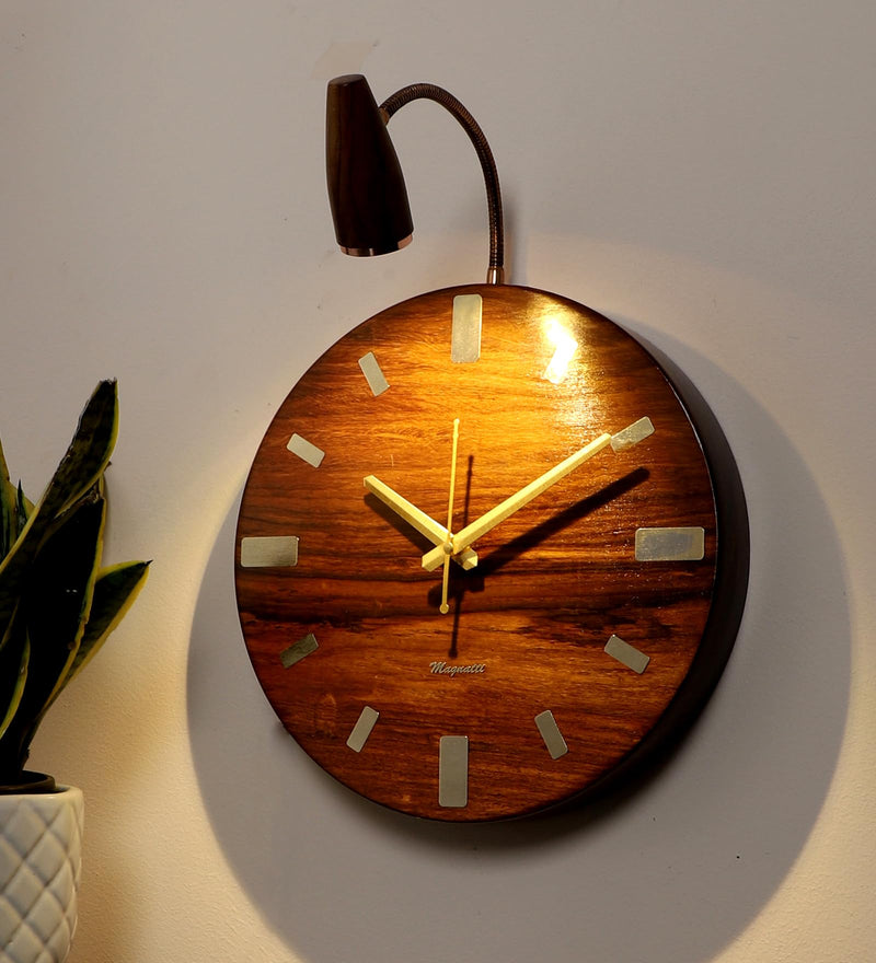 GREEN HOUSE Handmade Sheesham Wood Unique 12X12 Wall Clock With Spotlight/Focus Light Attachment Of 3W In-Built Warm White Led Ft. Rose Gold Plated Metal Spring