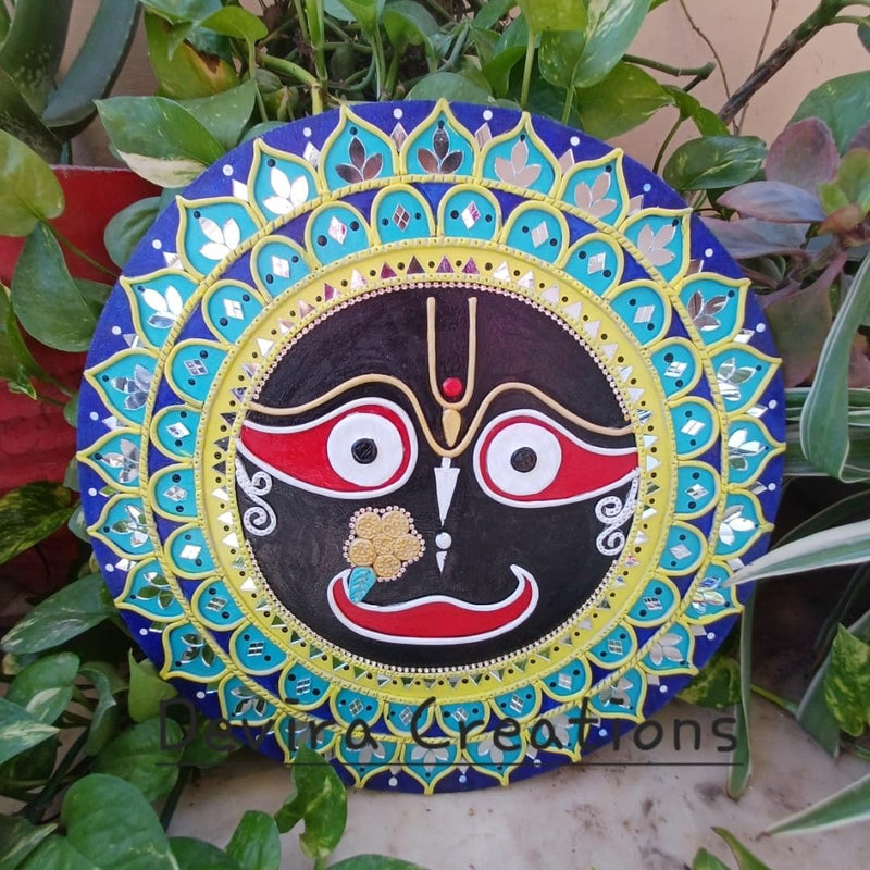 A Majestic Shreenathji Design on MDF Board with Mouldit Clay, Acrylic Paint, Mirrors – 12x12 Decorative Item