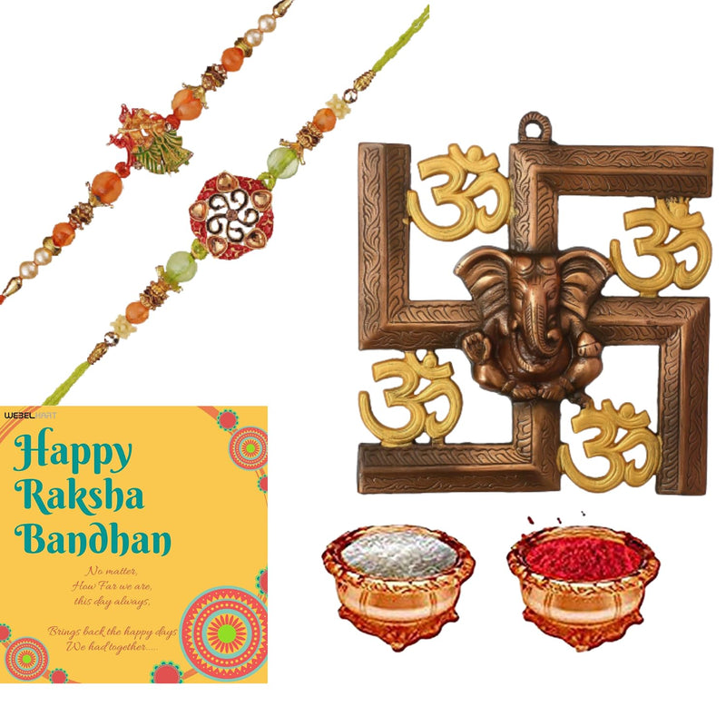 Webelkart Premium Combo of Rakhi Gift for Brother and Bhabhi and Kids with Om Swastik Ganesha Hanging,Rakshabandhan Gifts for Bhai Sister - Fancy Rakhi with Showpiece