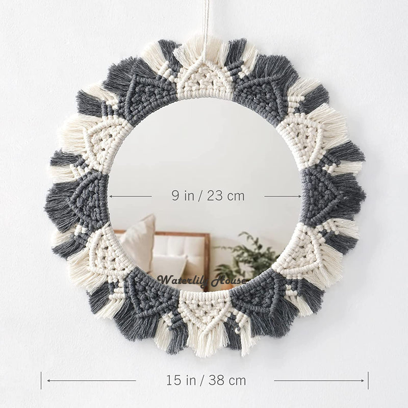 Waterlily House - Wall Hanging Macrame Mirror, Macrame Wall Mirror, Macrame Hanging Fringe, with Fringe, Round Wall Mirror for Home (Model - C)