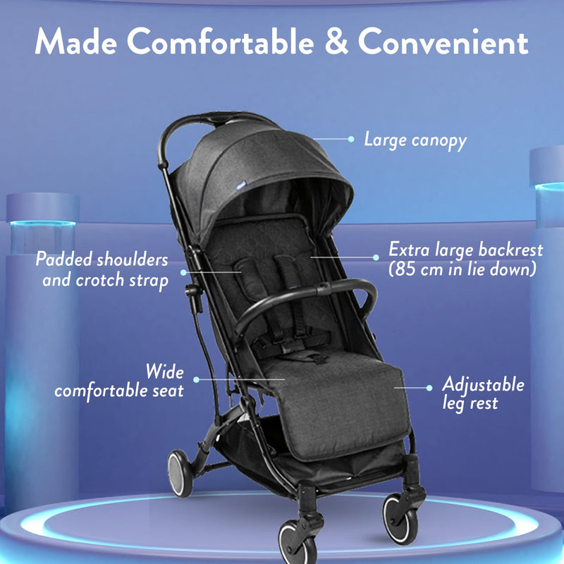 Chicco Trolleyme Stroller With Bumper Bar,Pram For 0-3 Years New Born/Baby/Toddler/Kid (Boy,Girl)Backrest With Multi-Level Adjustment,With Rain Cover,Canopy With Window Mesh,(Upto 15 Kgs,Stone Black)