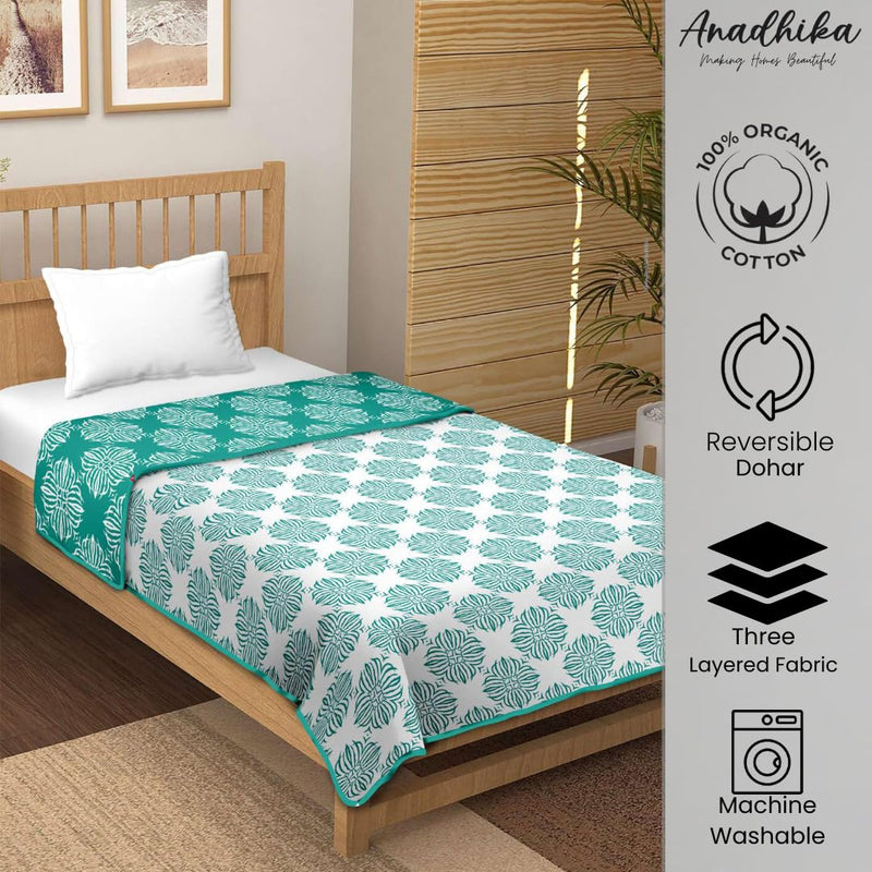 Anadhika 100% Cotton Reversible Dohar Double Bed AC Blanket for Winter Summer Travelling Light Weight Soft Blanket (90"x100", Sea Green)