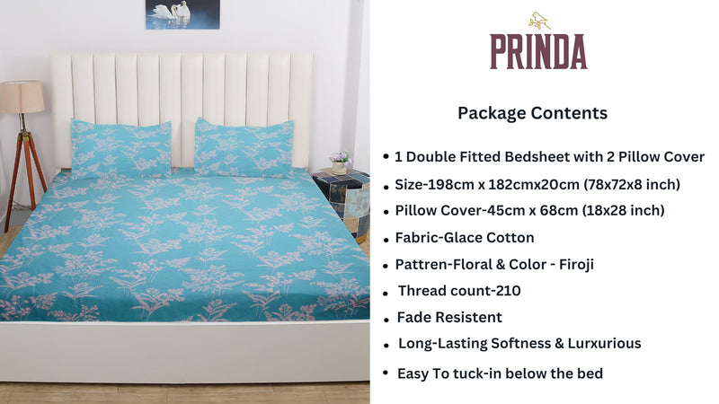 PRINDA Presents Luxurious Glace Cotton 210 TC King Size(78X72X8 Inch) Elastic Fitted Double Bedsheet Fully Elasticized with 2 Pillow Covers Colour Firoji White Leaf