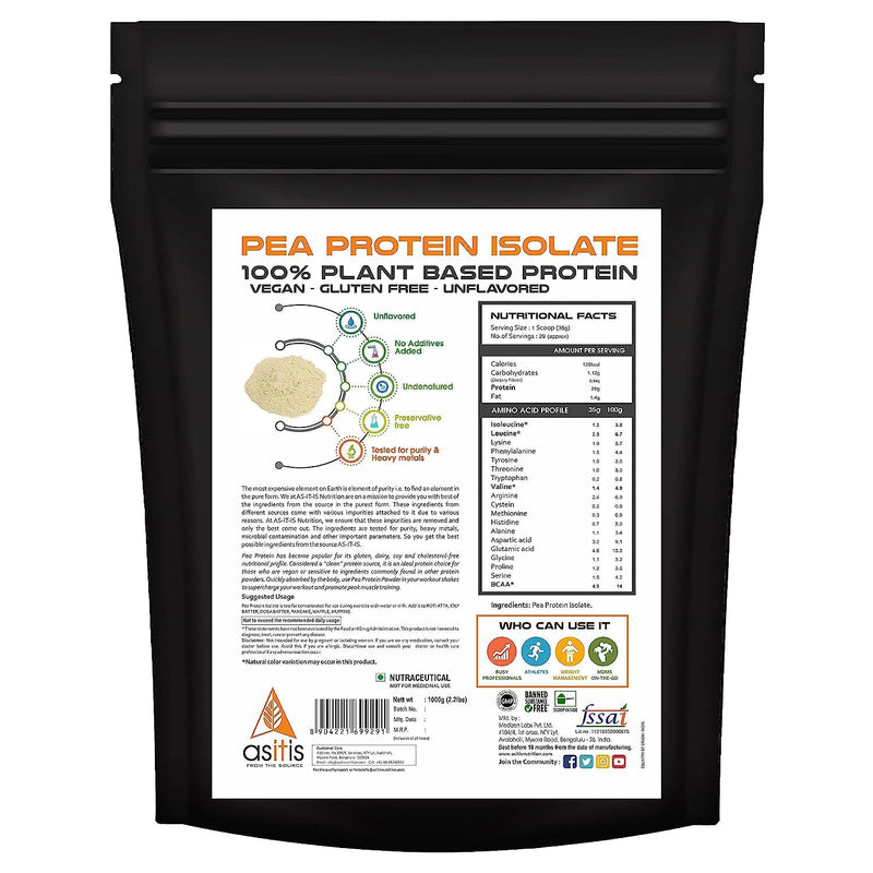 AS-IT-IS Nutrition 100% Pea Protein Isolate, 28g Protein, Pure Vegan Plant Protein, Promotes Muscle Building with Easy Digestion, Whey Protein Substitute Designed as Meal Supplement - Unflavoured, Single Ingredient with Zero Adulteration- 1000g (29 servin