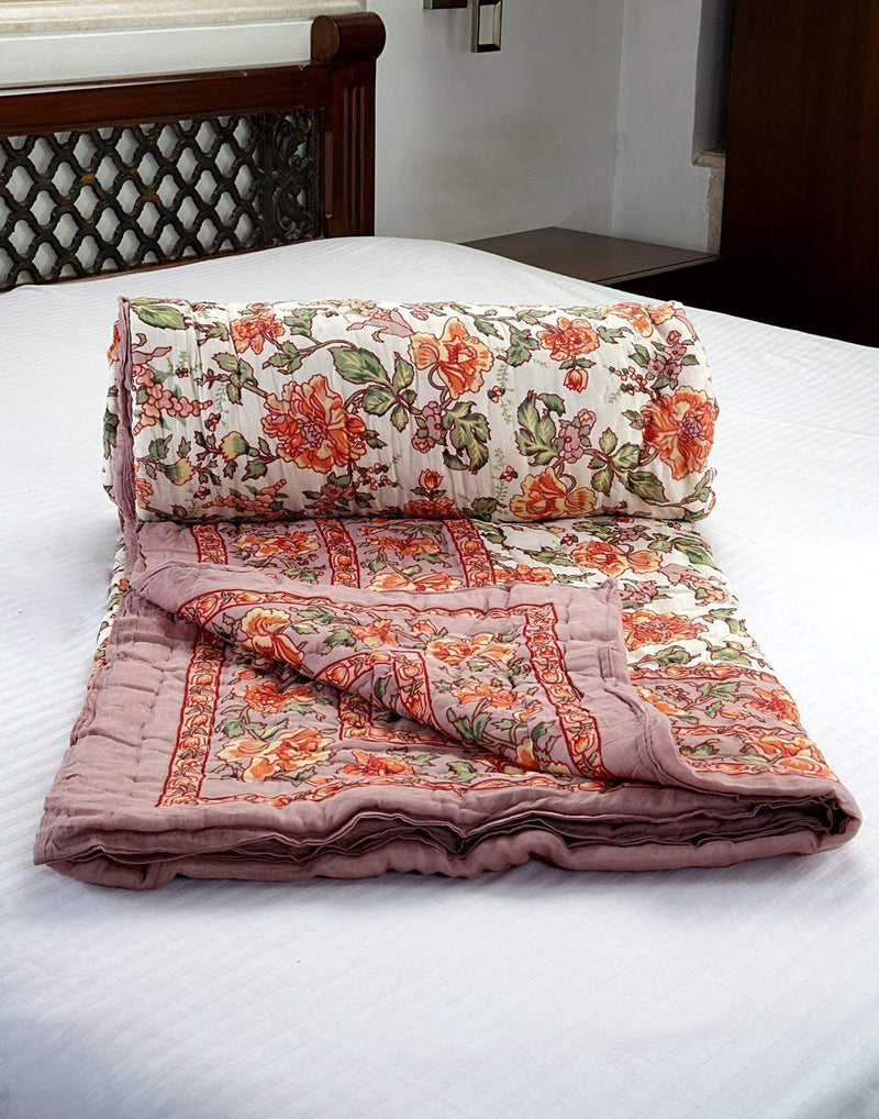 MANAVI ENTERPRISES 300 TC Pure Cotton Light Weight Rajasthani Traditional Design Printed Jaipuri Rajai/Razai/Ac Quilt for All Season (Orange Mugal, Single Bed [85 x 55 inches])