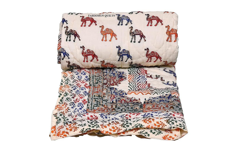 SIBLEY Cotton Soft Jaipuri Razai Traditional Elephant Print Double Bed Winter Heavy Ac Blanket Comforter Super Soft Microfibre Winter Heavy Quilt Razai (90X108 inches,Lightweight Breathable)