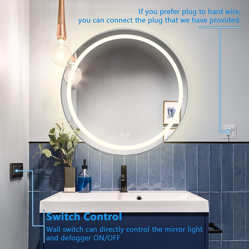 VENETIAN IMAGE 30 Inch Round Wall Mirror - Bathroom LED Lighting, Dimmable Vanity Mirror with PVC Frame, 4000K Plug-in/Hardwired Lighted Mirror for Bedroom & Living Room, CRI 80+ (76cm)