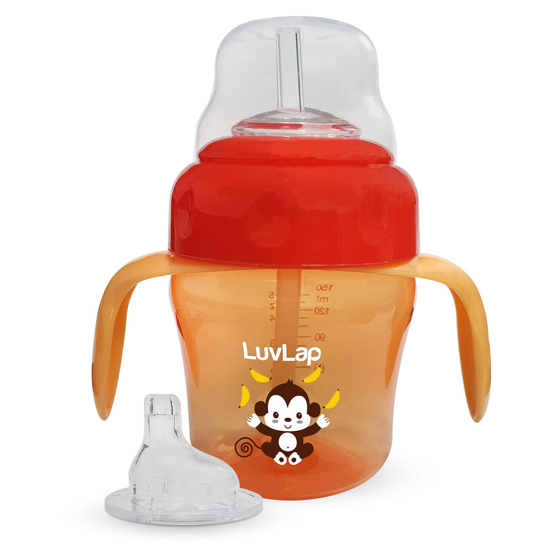 LuvLap Banana Time 150ml Anti Spill, Interchangeable Sipper / Sippy Cup with Soft Silicone Spout and Straw BPA Free, 6m+ (Orange)