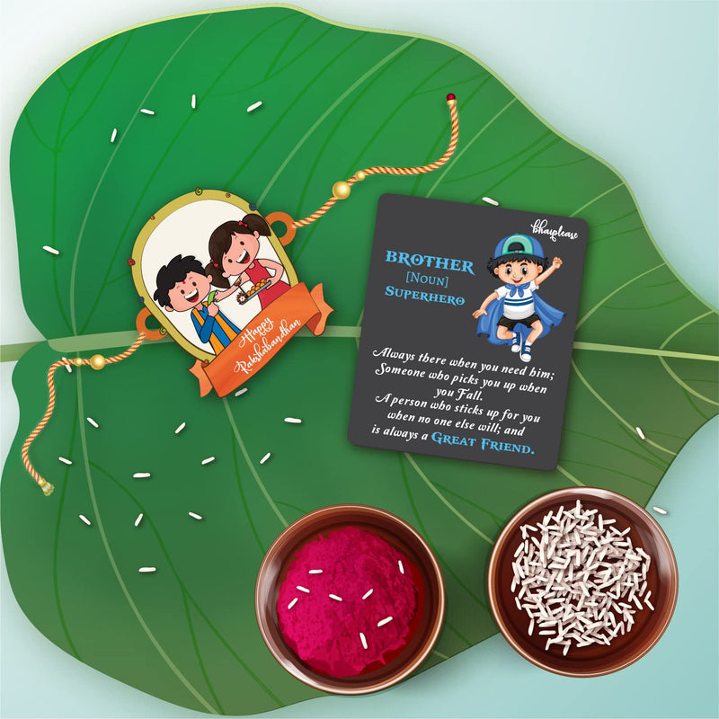 Bhai Please Happy Rakshabandhan Wooden Rakhi with Brother is Superhero Fridge Magnet (Gift Combo for Bhai / Bhaiya) | Set of 1 pc Rakhi with Roli- Chawal and Fridge Magnet