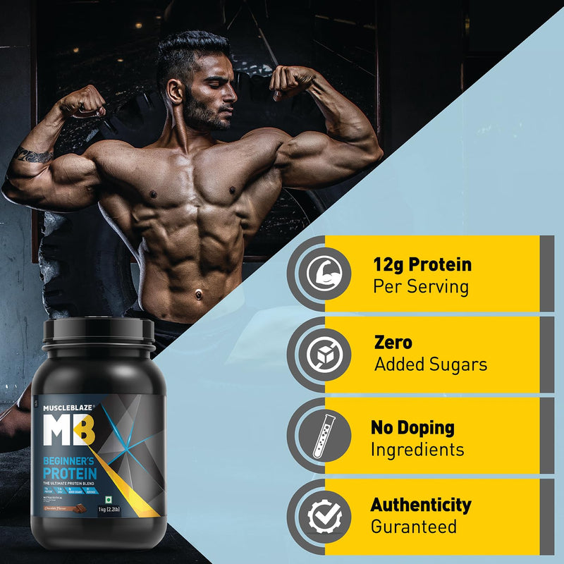 MuscleBlaze Beginner's Protein (Jar Pack), Whey Supplement, No Added Sugar, Faster Muscle Recovery & Improved Strength (Chocolate, 1kg / 2.2lbs) with 650ml Shaker (Combo Pack)