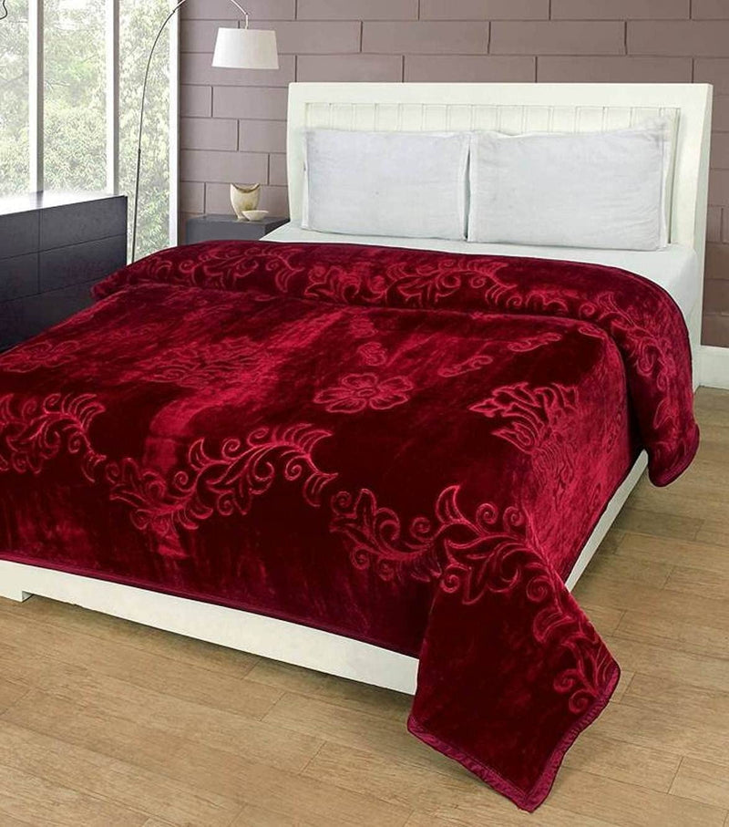 Changers Solid Colour Ultra Soft Floral Double Bed Heavy Mink Embossed Winter Blanket(Maroon, Double)