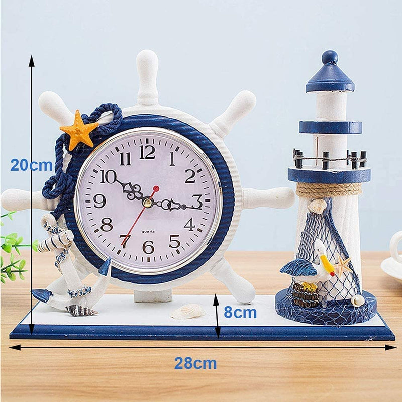 NOBLJX Lighthouse Mantle Clocks Ocean Nautical Clock Decor for Living Room Desktop Solid Wood Mediterranean Style for Kids Bedroom Bedside Home Decoration