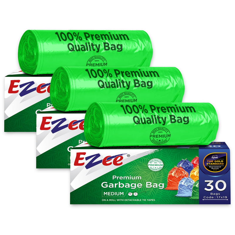 Ezee Premium Eco Friendly Garbage Trash Bag For Dustbin | 90 Pcs | Medium 19 X 21 Inch | 30 Pcs X Pack Of 3 - Compostable, 90 Count