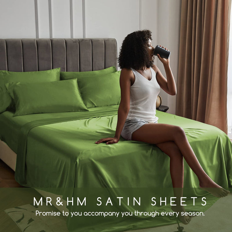 MR&HM Satin Bed Sheets, King Size Sheets Set, 4 Pcs Silky Bedding Set with 15 Inches Deep Pocket for Mattress(King, Sage)