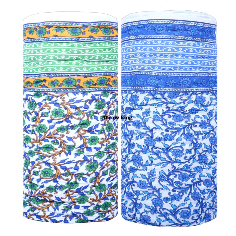 THROW KING Single Bed Jaipuri Cotton Razai Blanket/Quilt Soft Light Weight Rajasthani Traditional Cotton Comforter (Blue and Green, Pack of 2)