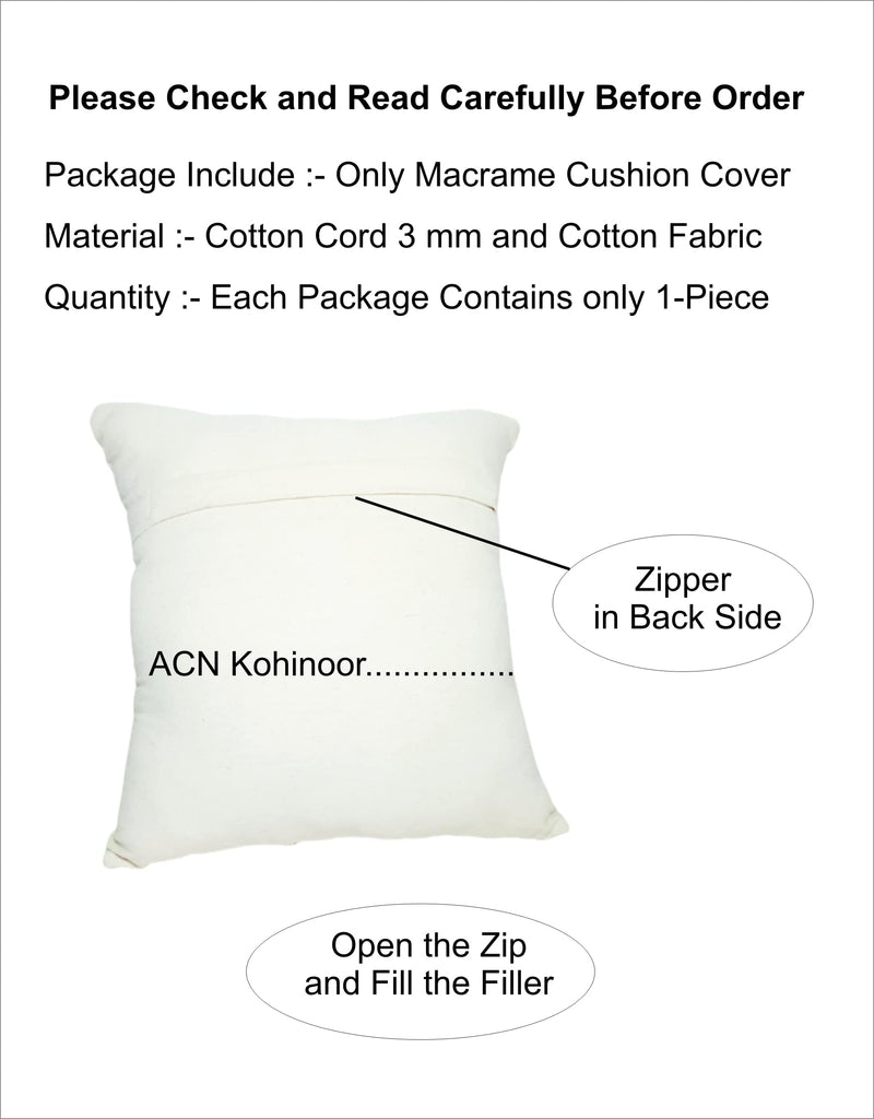 ACN Kohinoor | Macrame Cushion Cover 16 x 16 inch Handmade Soft Boho Cotton Pillow Case for Sofa Set Bed Living Room Bedroom in Premium Canvas Fabric with Back Zipper, Off-White, 1-Piece