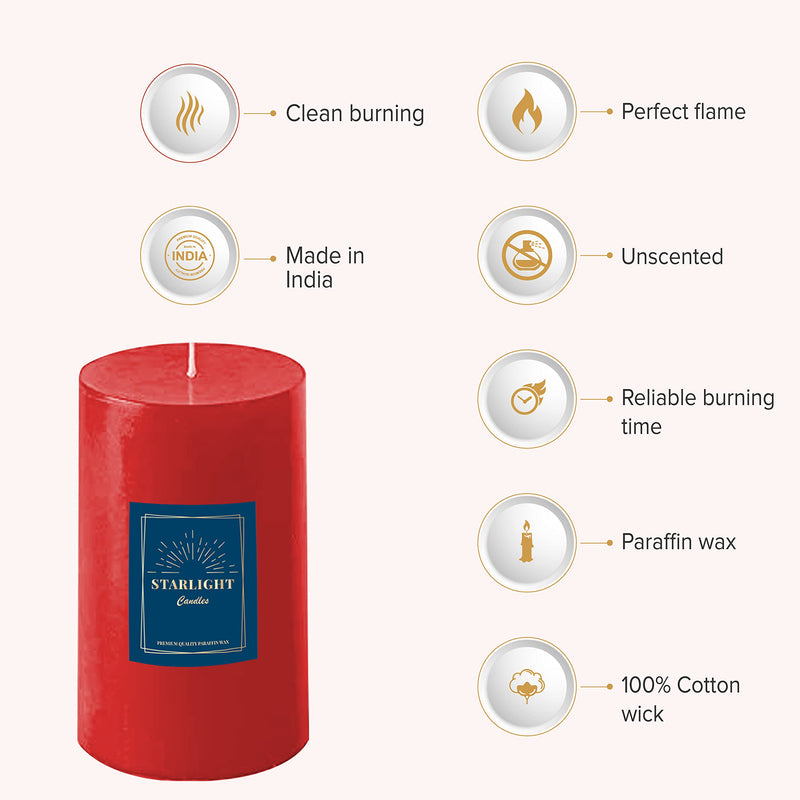 Starlight Candles® Paraffin Wax Pillar Candle | 5.0x7.5 cm | Hand Poured | Dripless | Unscented | Diwali Candle | 2x3 Inches (Pack of 4, Red)