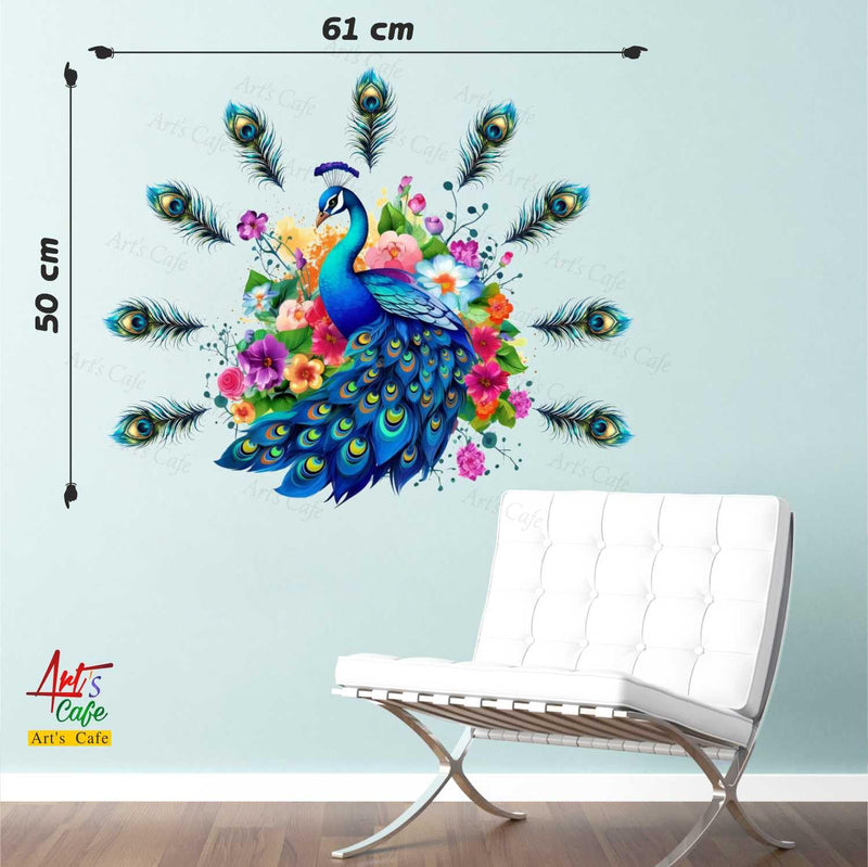 Art's Cafe | Colorful Peacock with Feather (Pankh) and Back Flowers Wall Sticker (24 x 20 inch)