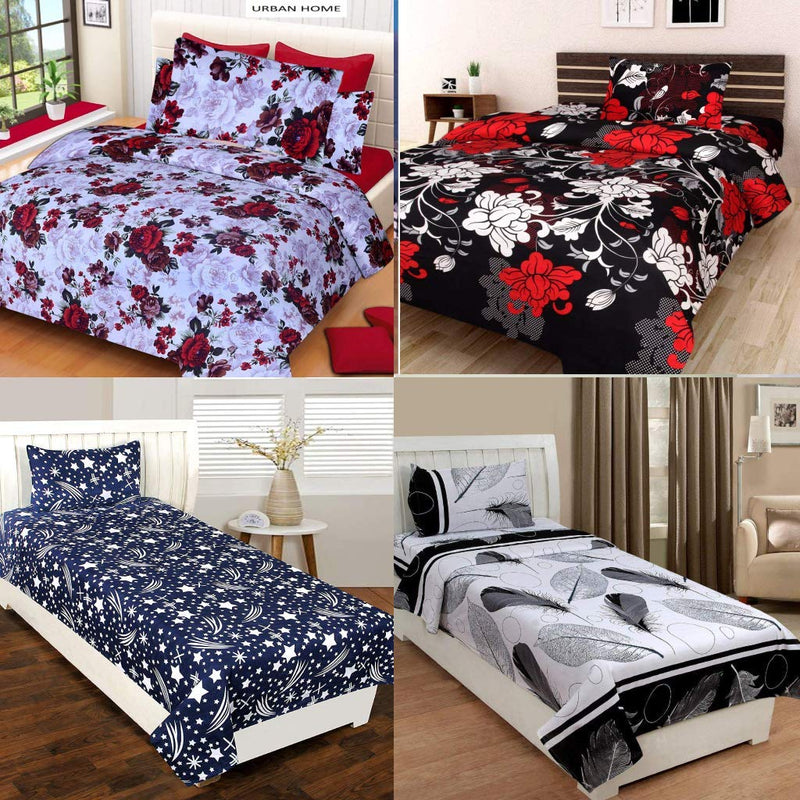 RN HOME FURNISHING Combo Glace Cotton Queen Size Single Bedsheets(Size 60x90inch), Combo Set of 4 Bedsheet and 4 Pillow Covers (Multi 4)