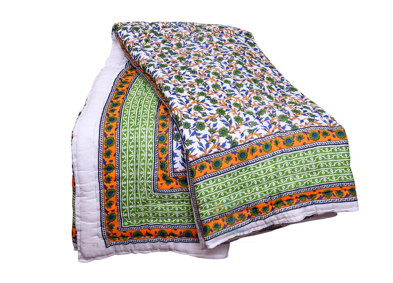 SIBLEY Single Bed Jaipuri Razai Reversible Cotton Green Blanket Ac Quilt Soft Light Weight Rajasthani Traditional Cotton Comforter Rajai Quilt (55 X 85Inch)