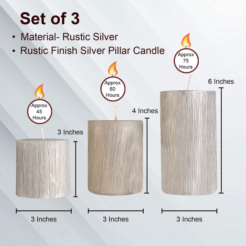 AuraDecor Unscented Pillar Candle Set of 3 (3inch*3inch, 3inch*4inch, 3inch*6inch) || Unscented Candle || Long Burning || Gift Set || Set of 3 Candle || Pillar Candle. (Silver)