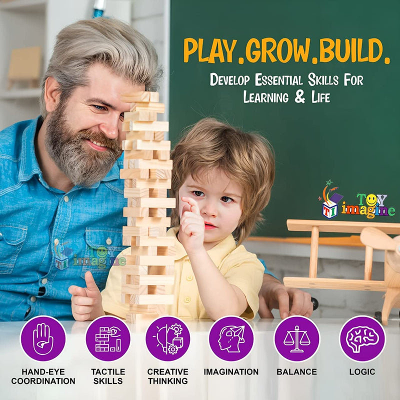 Toy Imagine™ Tumbling Tower Game for Kids and Adults, Wooden Blocks with 4 Dices Game|Stacking Game Challenging|Maths Game