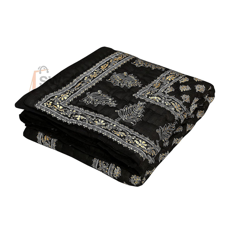 Hopee Shop- Jaipuri Floral Print Cotton Single Bed Razai Quilts Black Colour Rajai Approx 55x85 Inch