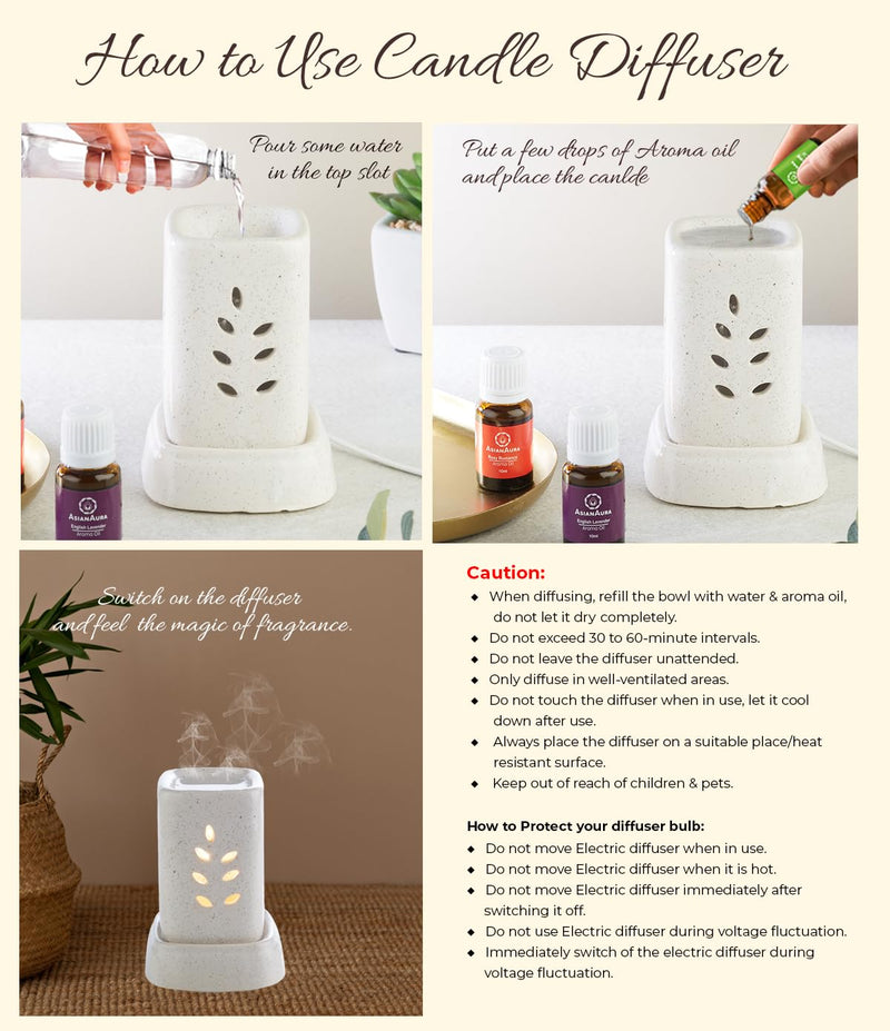 AsianAura Ceramic Electric Aroma Burner Diffuser Set (8 x 11.5 cm, White)