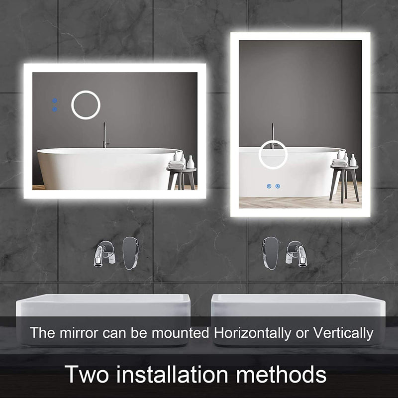 VENETIAN IMAGE LED Backlit Bathroom Mirror Makeup Anti-Fog Mirror with 3 Times Magnifier Dimmable Light with Triple Touch Switch Wall Mounted (Horizontal/Vertical) (32 x 24 Inch)