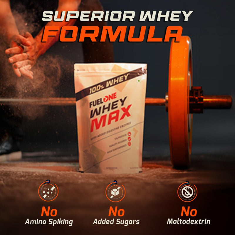 FUELONE Whey Max, Whey Protein Concentrate & Whey Protein Isolate, 27G Protein (Chocolate, 1Kg / 2.2Lb)