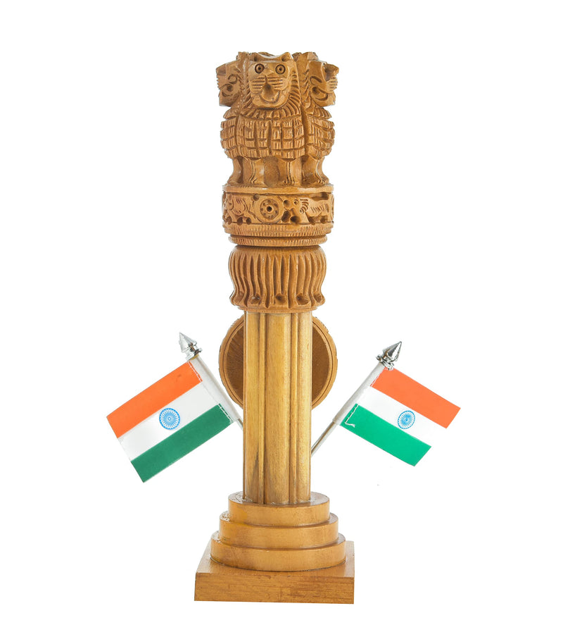 Kaka jiji Handicraft Wooden Carved Ashoka Stambh Pillar With 2 Flags & Analog Clock For Office And Study Table Ii Brown Color Pack Of 1 (2.4Wx2.4Lx8.5H Inches)