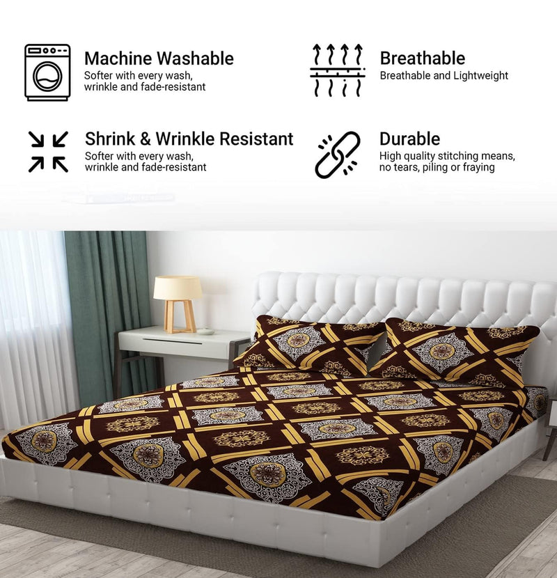 EVERLUSH 300 TC Cotton Feel All Around Elastic Fitted Double King Size Bedsheets, Supersoft Fitted Double Bedsheets with 2 Pillow Covers 72 x 72 Inch (Brown Damask)