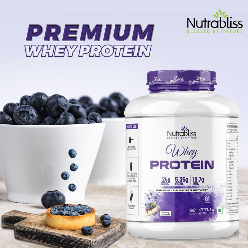 Nutrabliss Premium Pure Whey Protein Concentrated blended with digestive enzymes and probiotics | 100% tested and guaranteed Whey Protein - 24 Gram Protein per serving (Blueberry CheeseCake, 2 Kg)