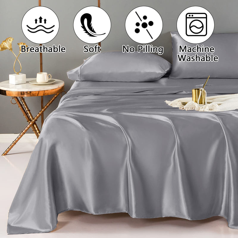 UDEAL Queen Bed Sheets Set Satin Sheet & Pillowcase Sets Deep Pocket Silky Soft Breathable Bed Sheets 1800 Microfiber(4-Piece, Silver Grey)