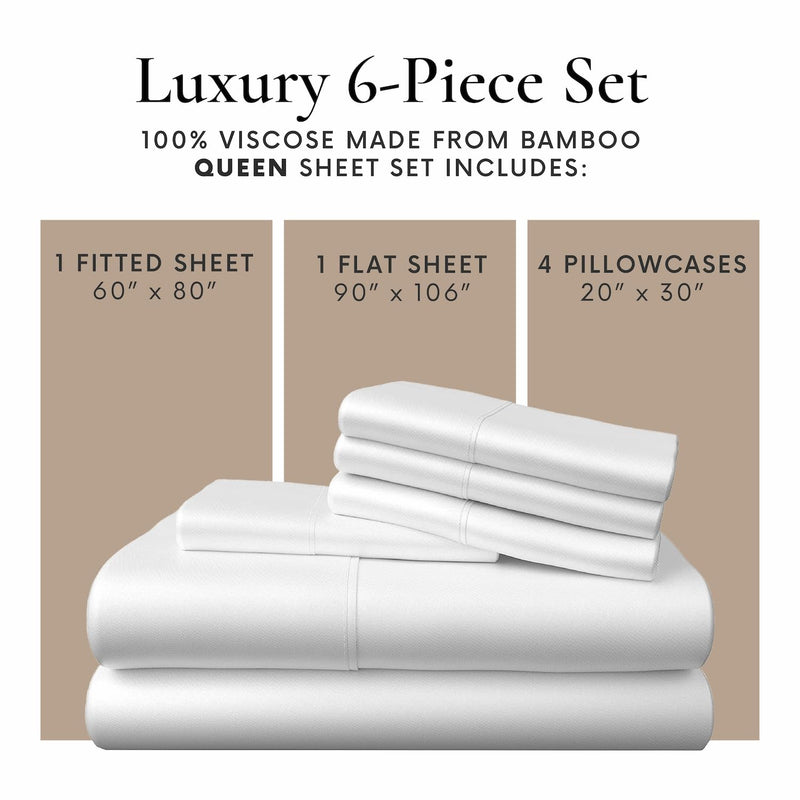 Bamboo Bay 6 Piece Queen Sheet Set - 100% Viscose Made from Bamboo Sheets Queen Size Bed Set - Ultra Soft Cooling Sheets for Hot Sleepers - Breathable Queen Sheets Fits Up to 16'' Deep Pocket - White