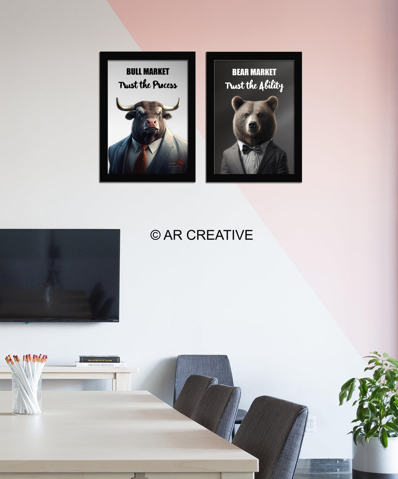 AR Creative Bull Market And Bear Market- Share Trading Motivational Quote Framed Wall Poster, Share Market, Stock Market, Home, Office Decor (13.6 inch x 10.2 inch) Set of 2