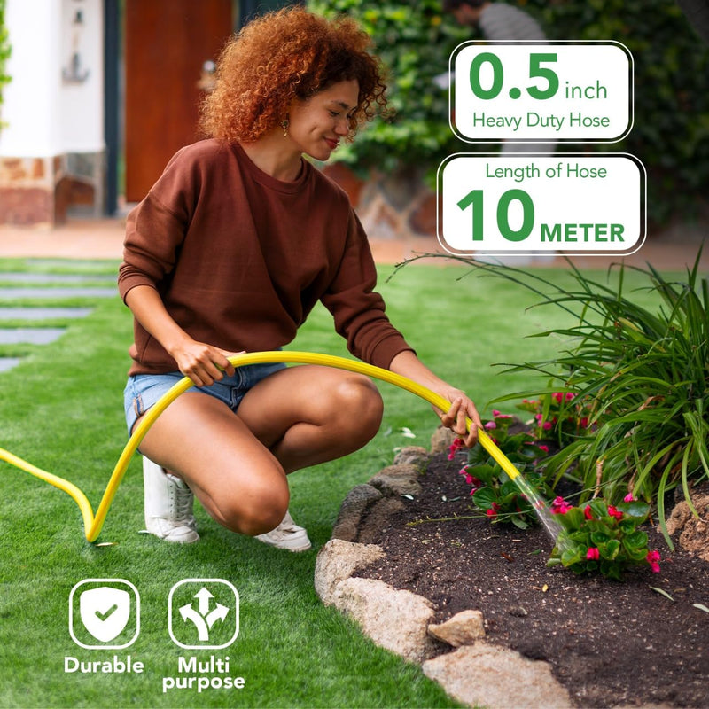 Sharpex 10 Meter 0.5 Inch Hose Pipe for garden | Heavy Duty Yellow Water Pipe Lightweight, Durable & Flexible | Hose with Clamps & Connector | Car Washing, Garden Pipe for Home, Outdoor-Indoor Use