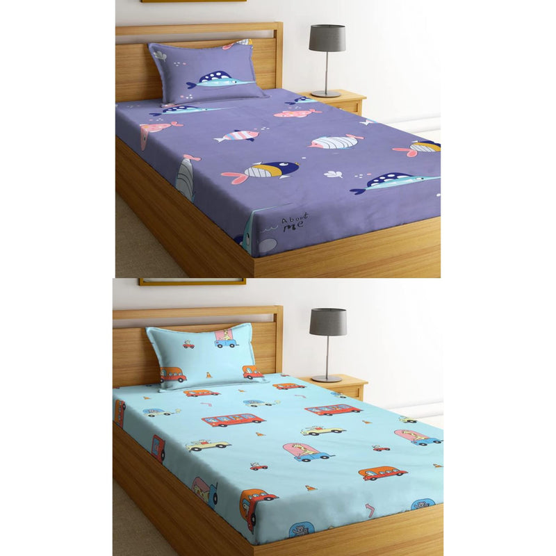 NEW LEAF Cotton Feel Soft and Smooth Cartoon Printed 2 Single Bedsheets Special for Kids or Your Baby with 2 Matching Pillow Covers (Space & Ranbow, Multicolour)