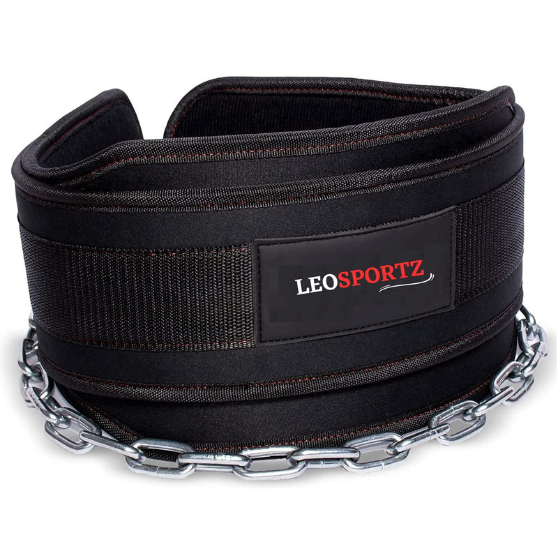 Leosportz Gym Belt with Chain - Heavy Weight Lifitng Belt for Pullups | Gym Lifting Belt for Powerlifting, Squat, Bodybuilding, Heavy Duty Steel | Workout Belt with Comfertbale Back Support (Black)