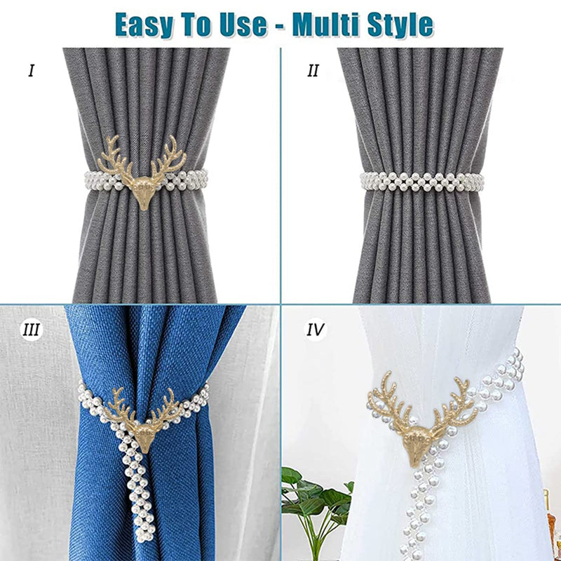 HASTHIP® 2pcs Curtain Holders Tieback Metal TieBacks with Classy Small Pearl Elastic Rope Curtains Tie Backs for Home Office Hotel Window Drape Decor (Gold)