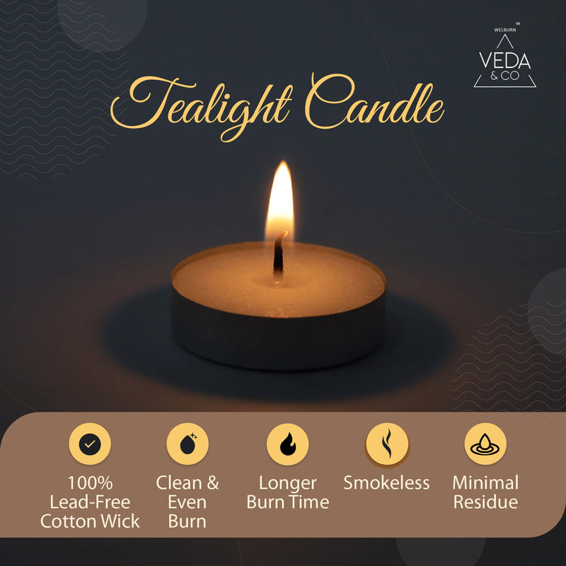 Welburn Veda&Co™ Wax Tealight Candles - Pack of 100, 2-3 Hours Burning Time, 100% Fully Refined Paraffin Wax, Unscented, Smokeless, Dripless, for Home Decor, Offices & Other Occasions (White)