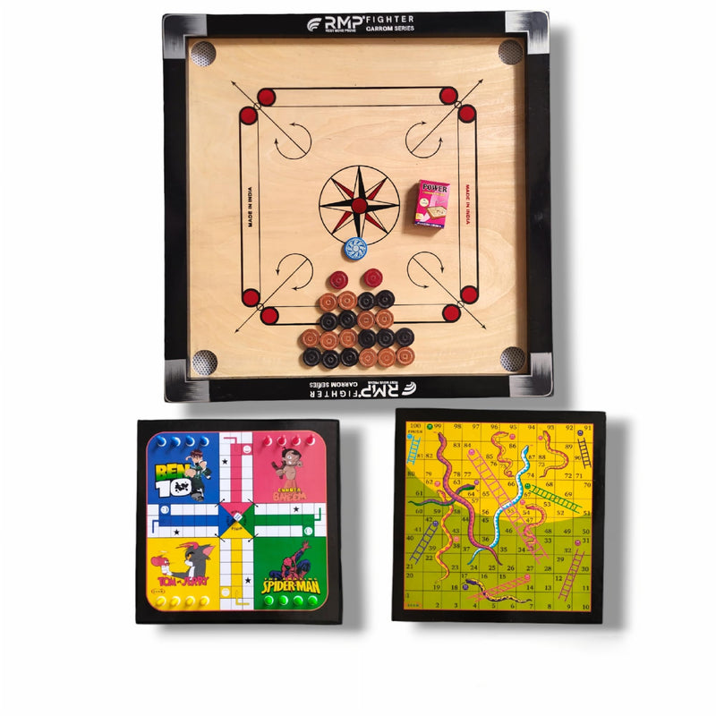 RMP Carrom Board for Kids 26 inches, Smooth Surface, Glossy Finish Carrom Board with Carrom Coins, Striker 15g and Magic boric Powder with Ludo Board Game and Snake and Ladder Game.