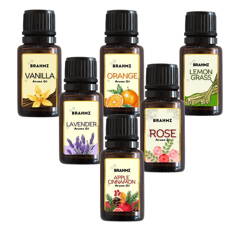 Brahmz Aroma Oils Gift Set, 6 Bottles, 10g Each, Vanilla, Orange, Lemongrass, Lavender, Rose, Apple Cinnamon, Essential Oils for Aromatherapy